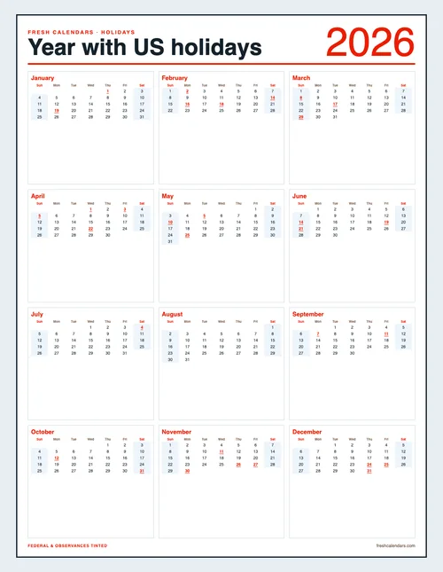 2026 Holidays Calendar printable calendar