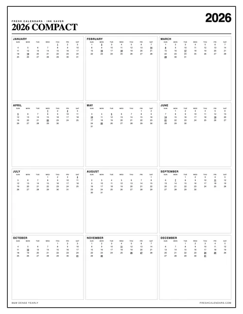 2026 Compact Calendar printable calendar
