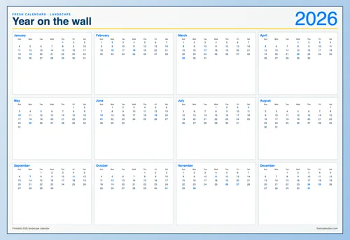 2026 Landscape Calendar printable calendar