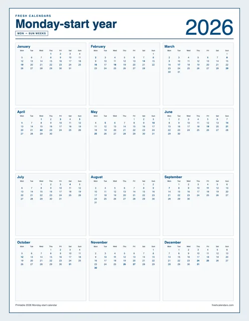 2026 Mon-start Calendar printable calendar