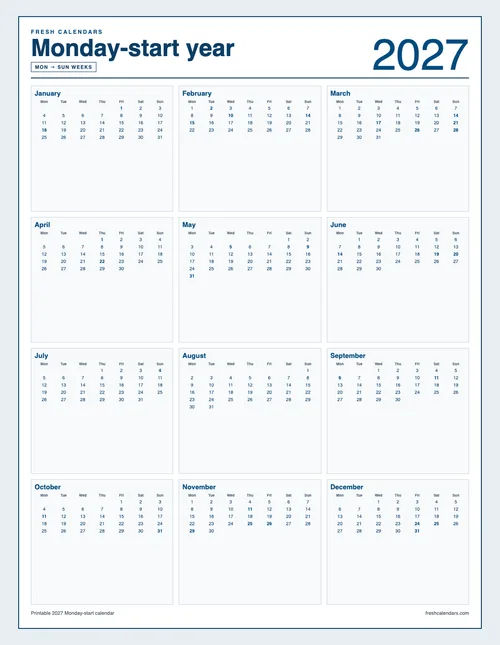 2027 Mon-start Calendar printable calendar