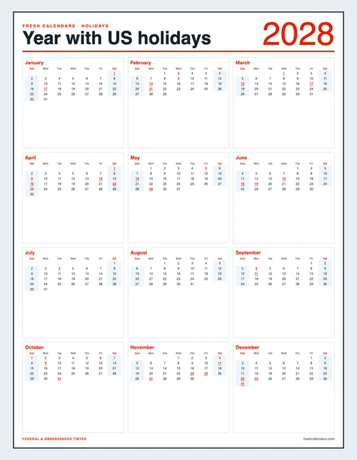 2028 Holidays Calendar printable calendar