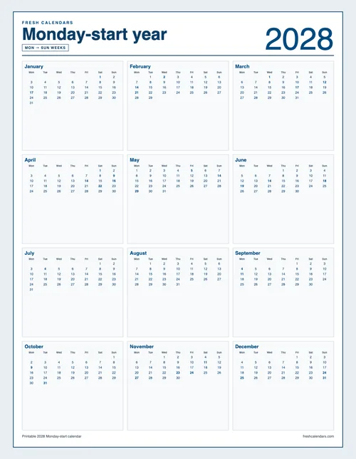 2028 Mon-start Calendar printable calendar