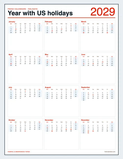 2029 Holidays Calendar printable calendar
