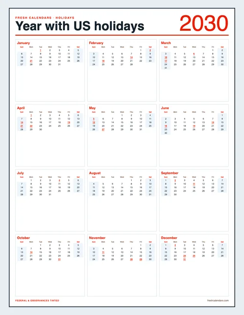 2030 Holidays Calendar printable calendar