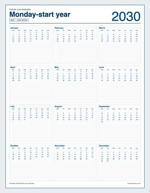 2030 Mon-start Calendar printable calendar