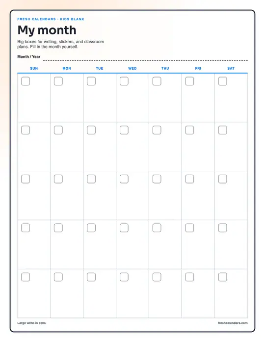 Kids / Classroom Blank Calendar printable calendar