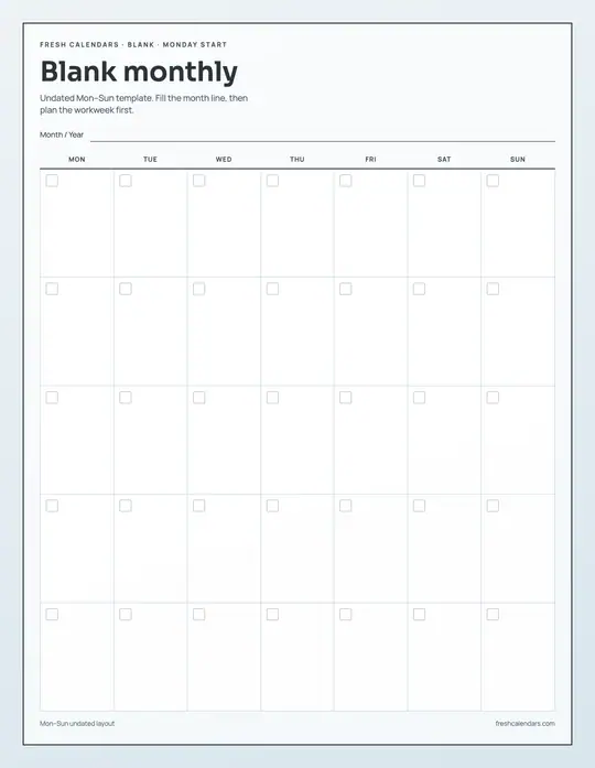 Monday Start Blank Calendar printable calendar