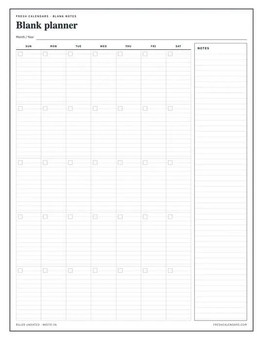 Notes Blank Calendar printable calendar