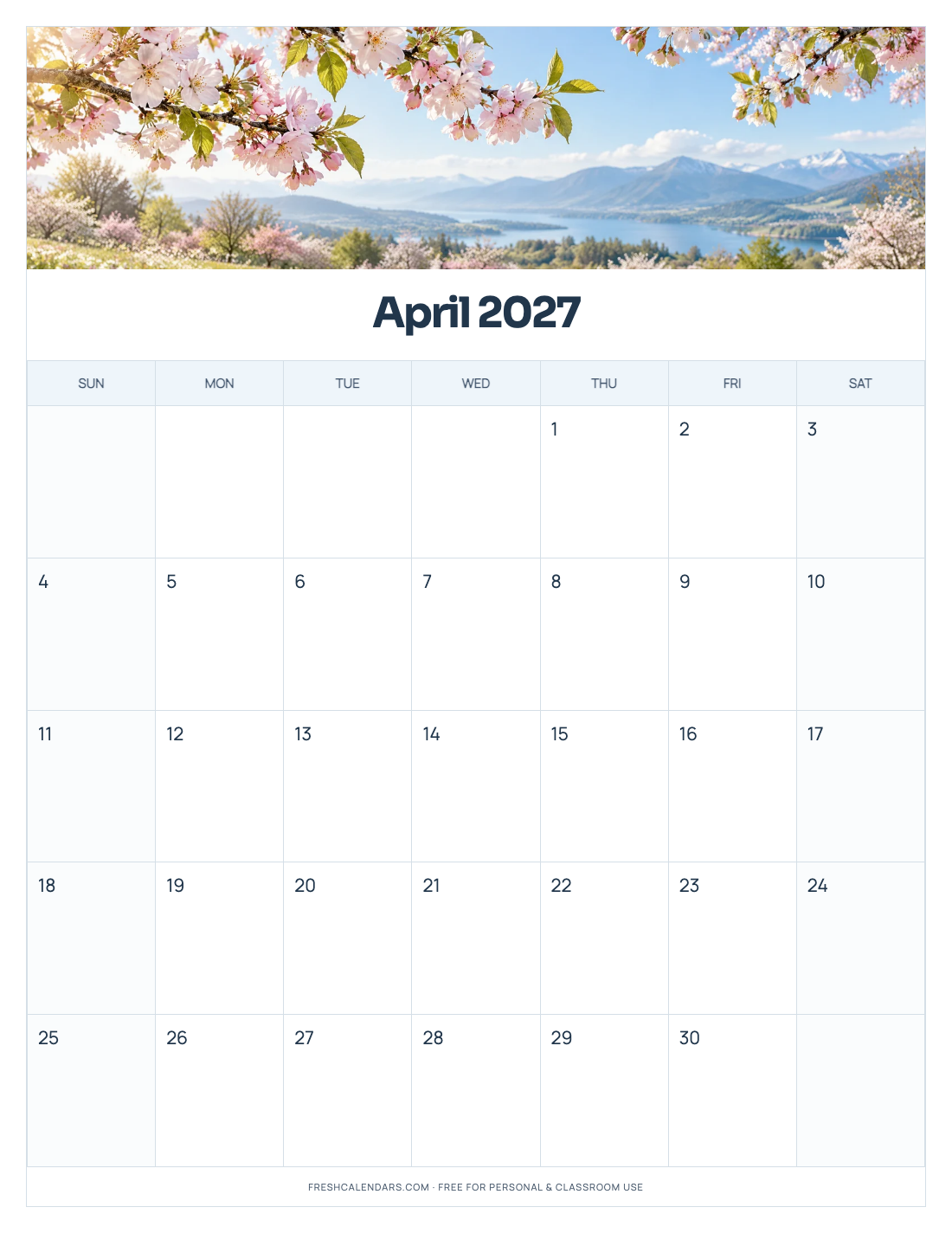 April 2027 Printable Calendar · 7 Free Designs