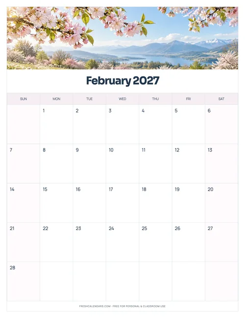 February 2027 printable calendar