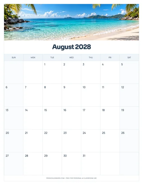 August 2028 printable calendar