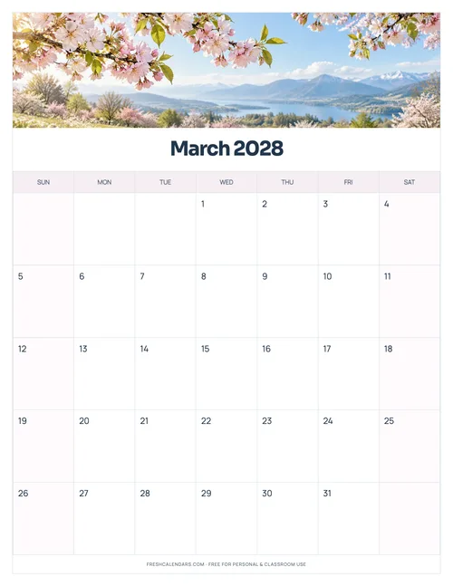 March 2028 printable calendar