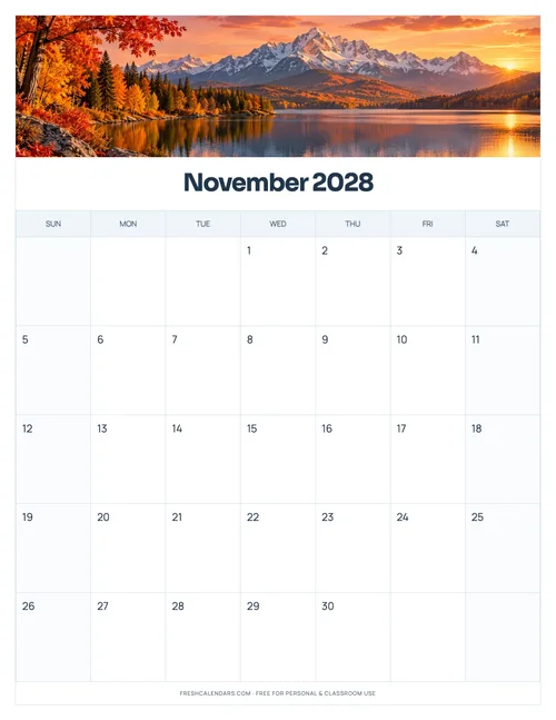 November 2028 printable calendar