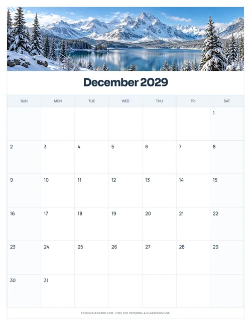 December 2029 printable calendar