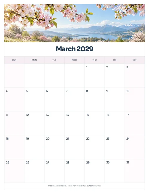 March 2029 printable calendar