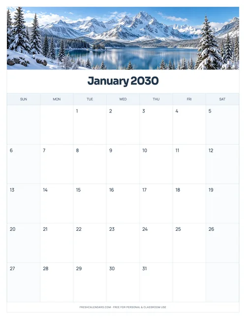 January 2030 printable calendar
