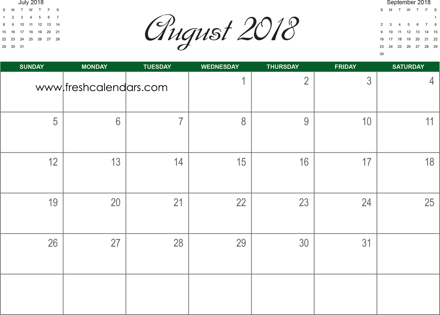 Green August 2018 Calendar