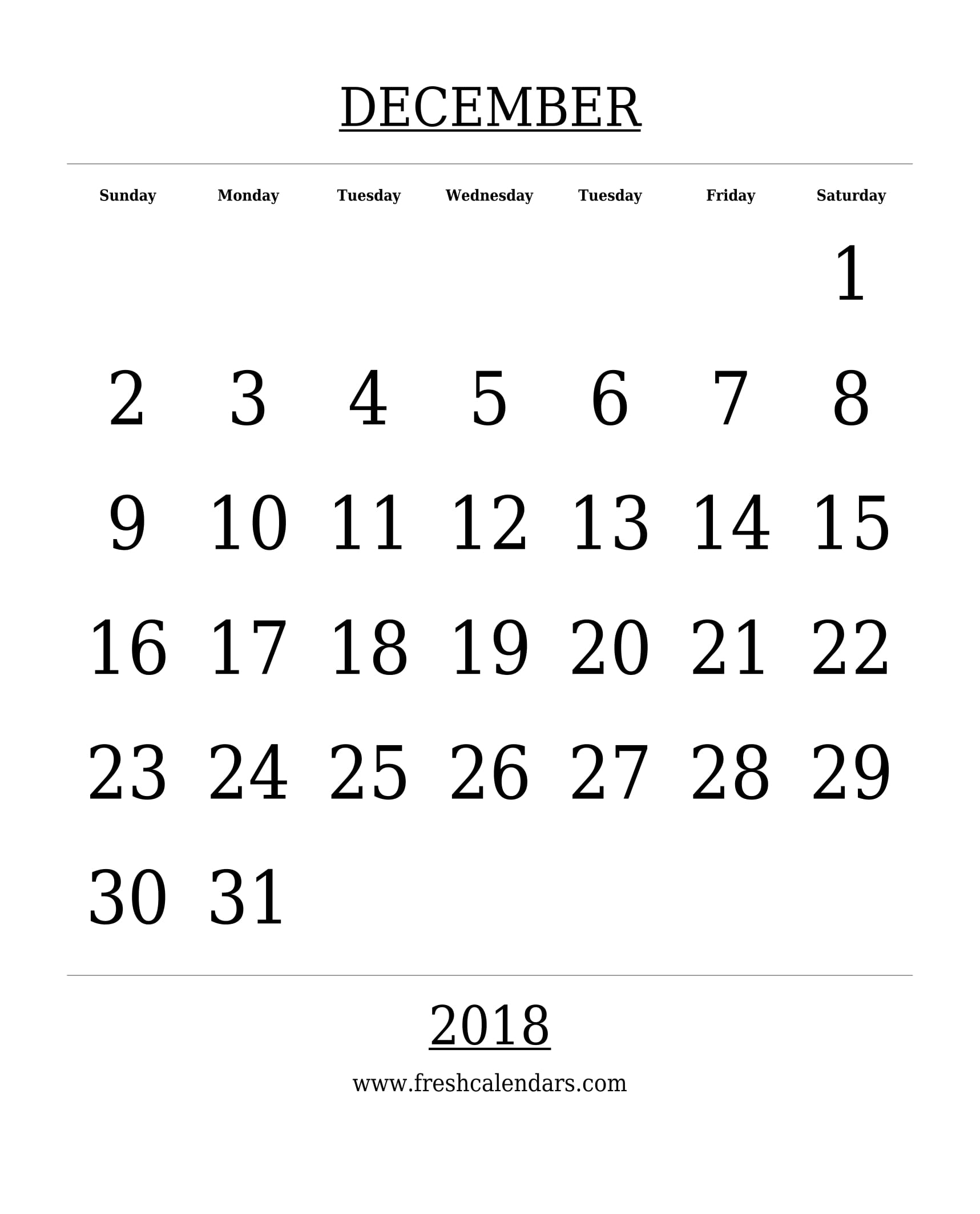 Free Printable Template December 2018 Calendar Bold Style