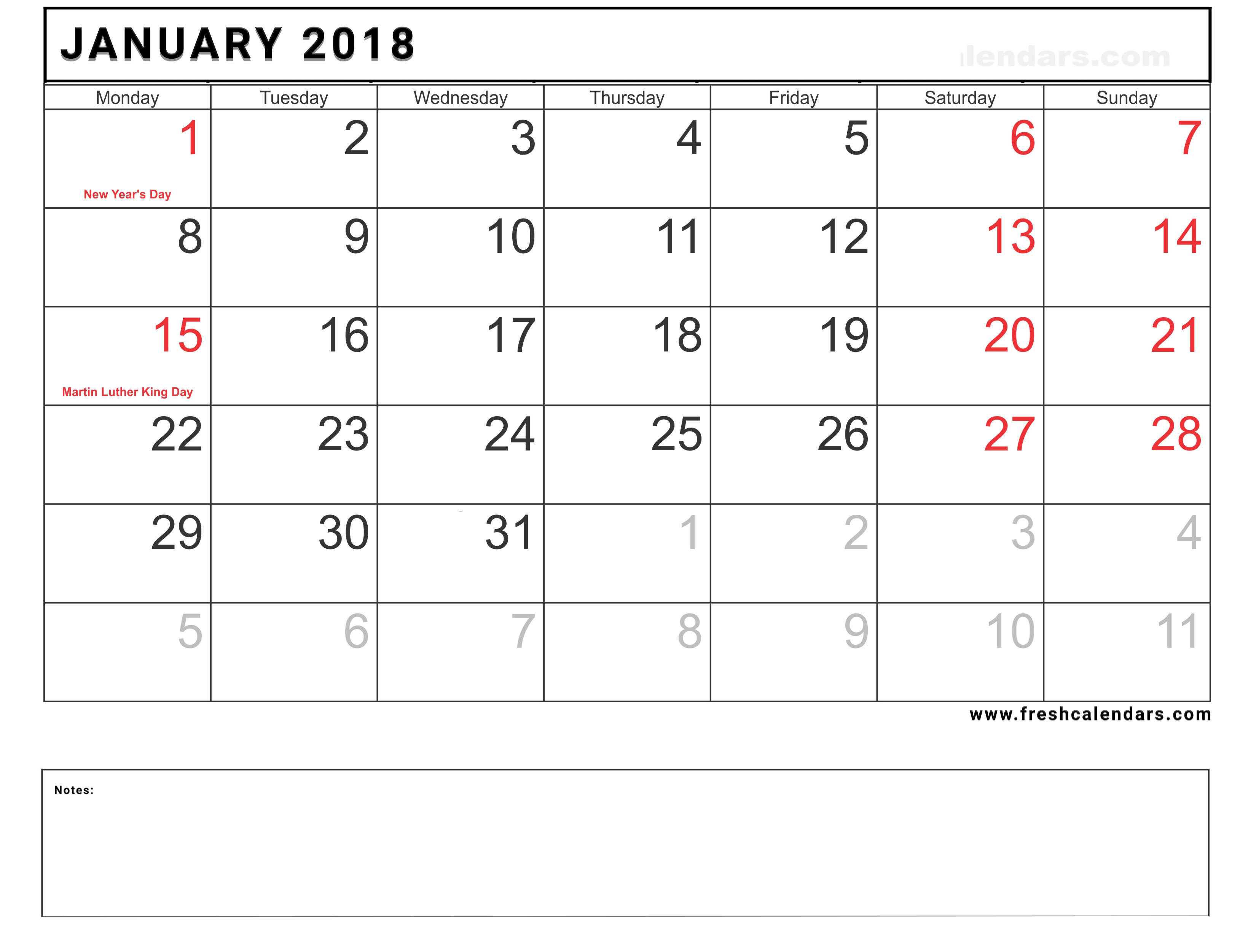 January 2018 Calendar With Holidays Printable