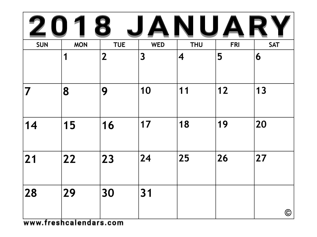 January Calender Template from freshcalendars.com