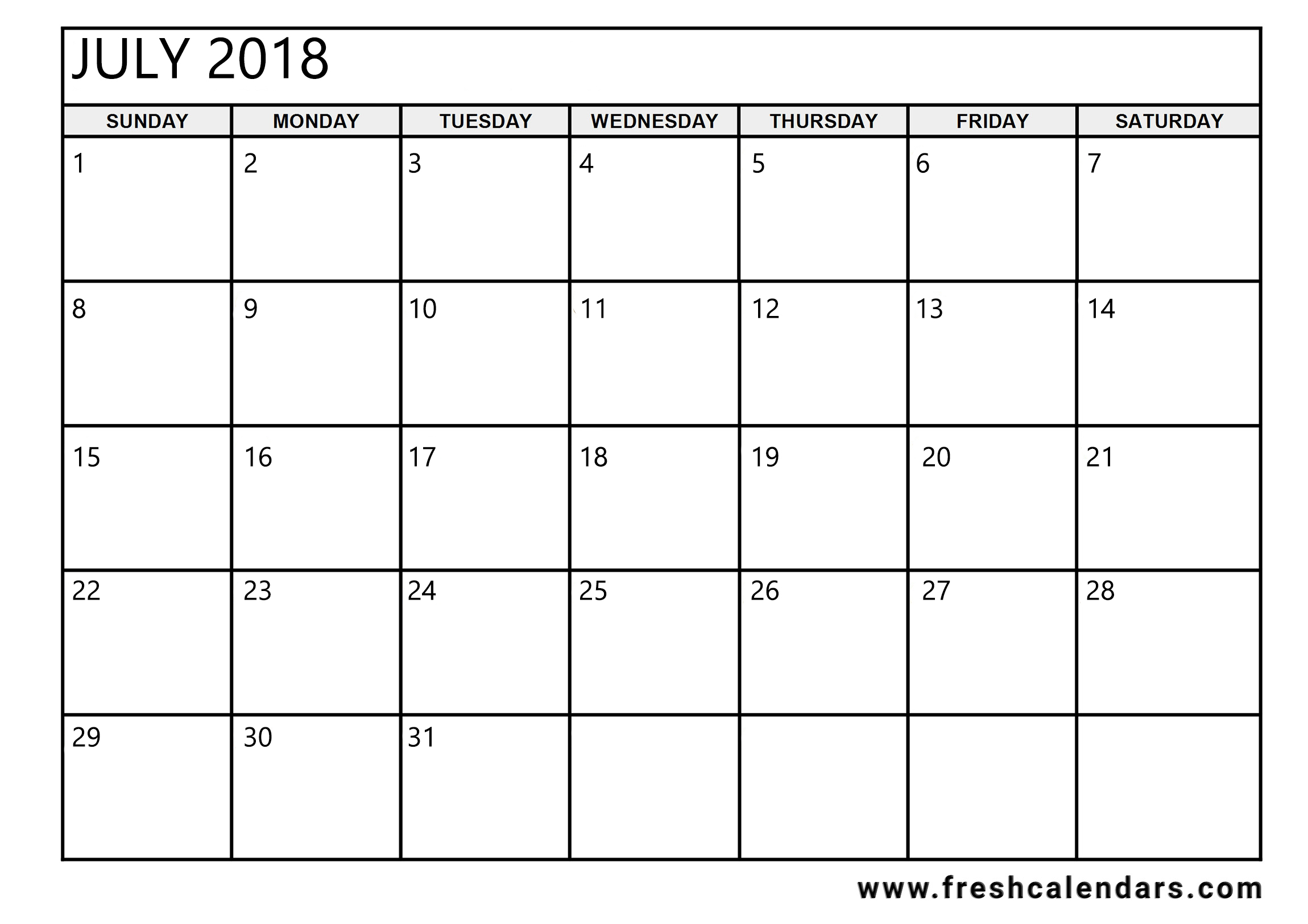 July Calendar Template Printable
