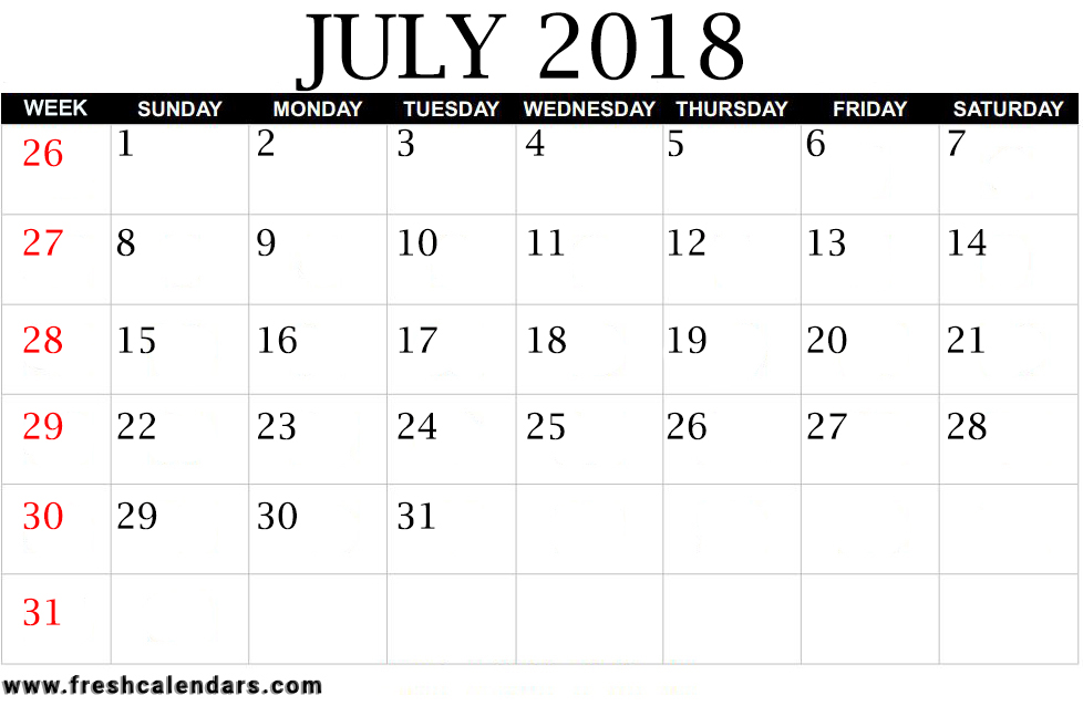 July 2018 Calendar Printable Pdf
