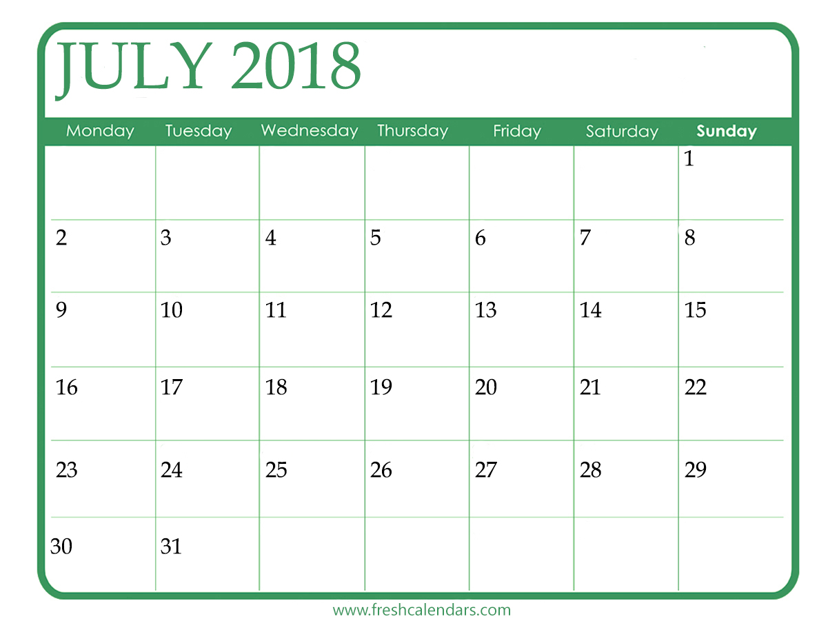 July 2018 Calendar Printable Template