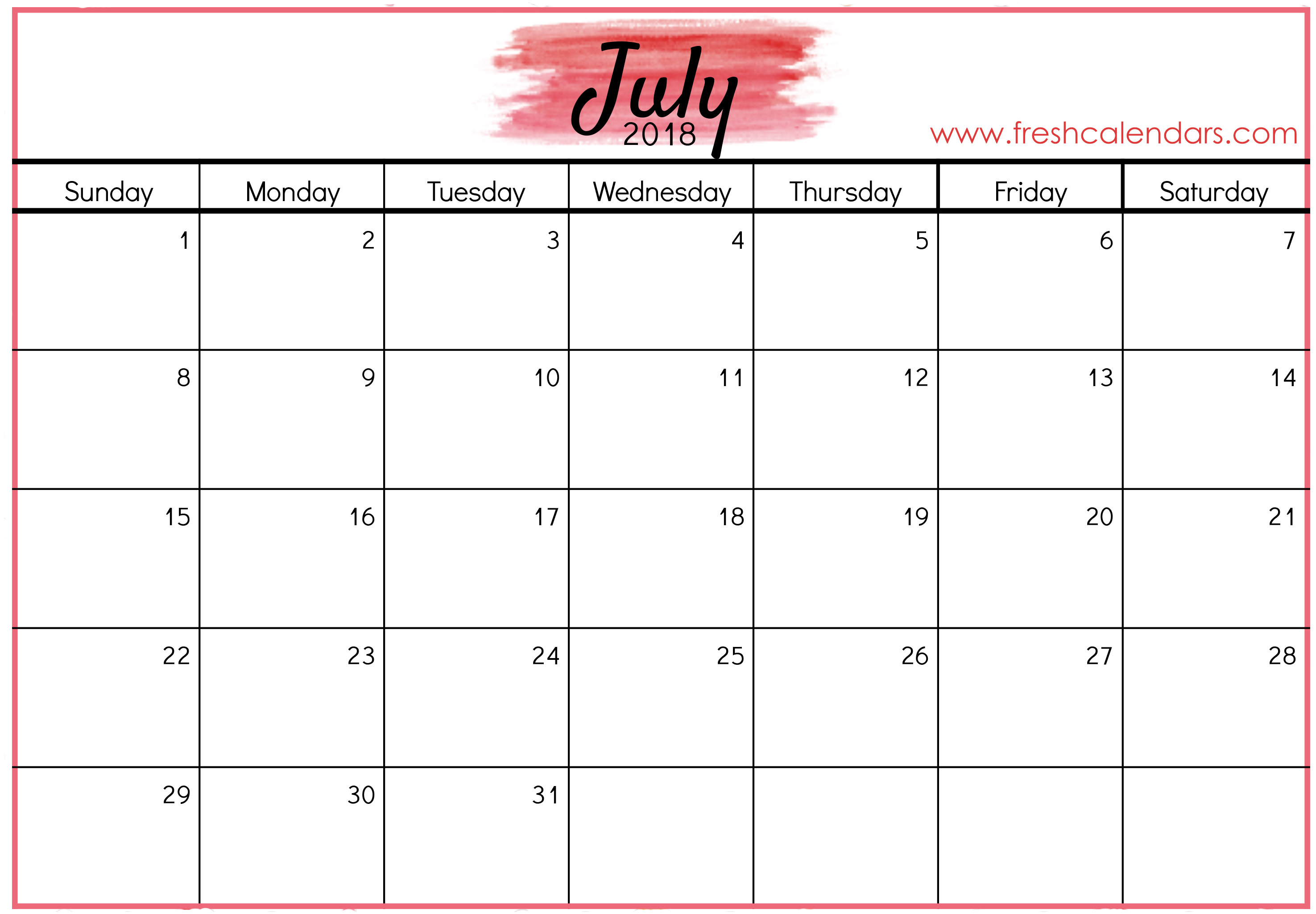 July Calendar Template Printable