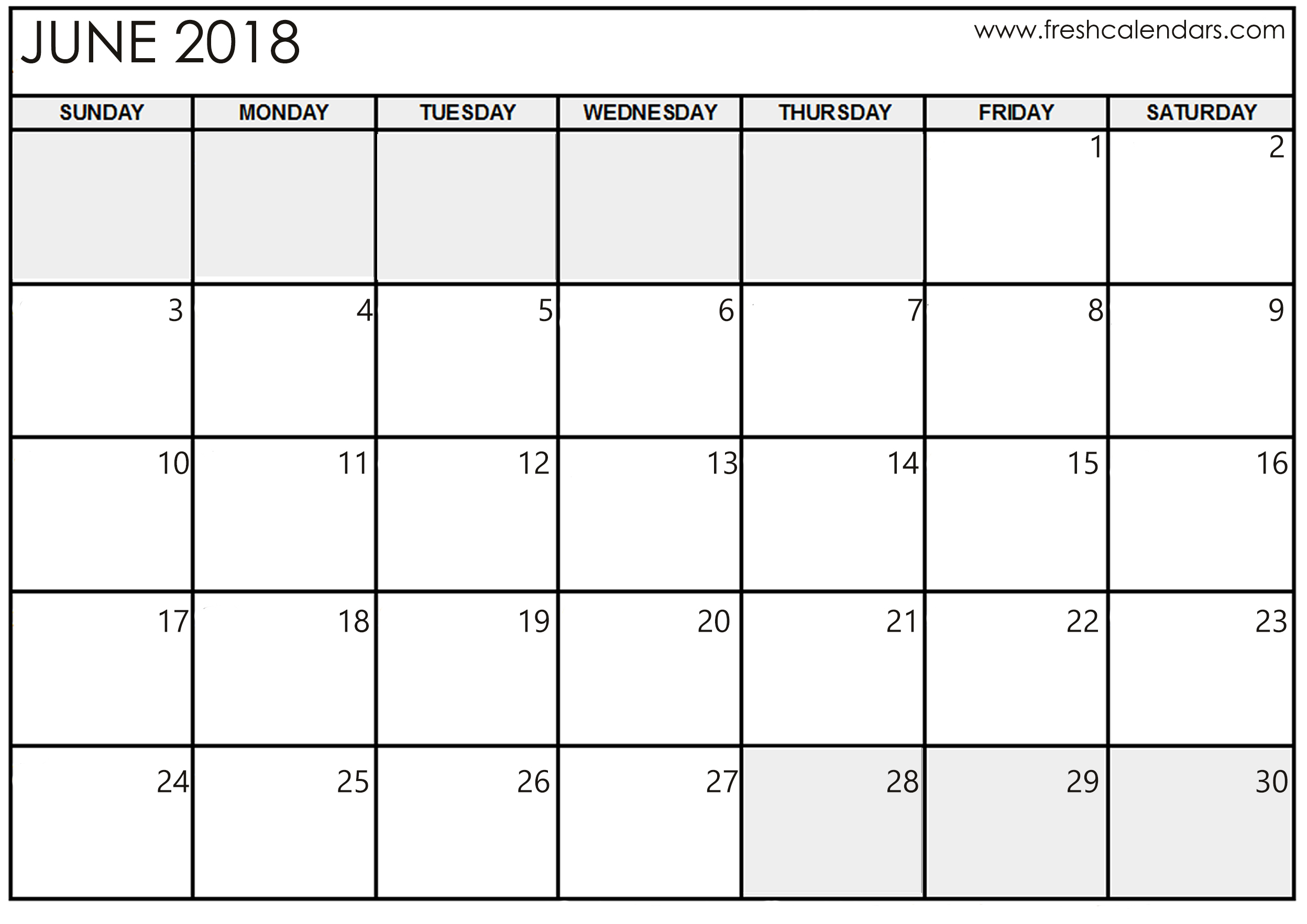 Blank June 2018 Calendar Printable Templates