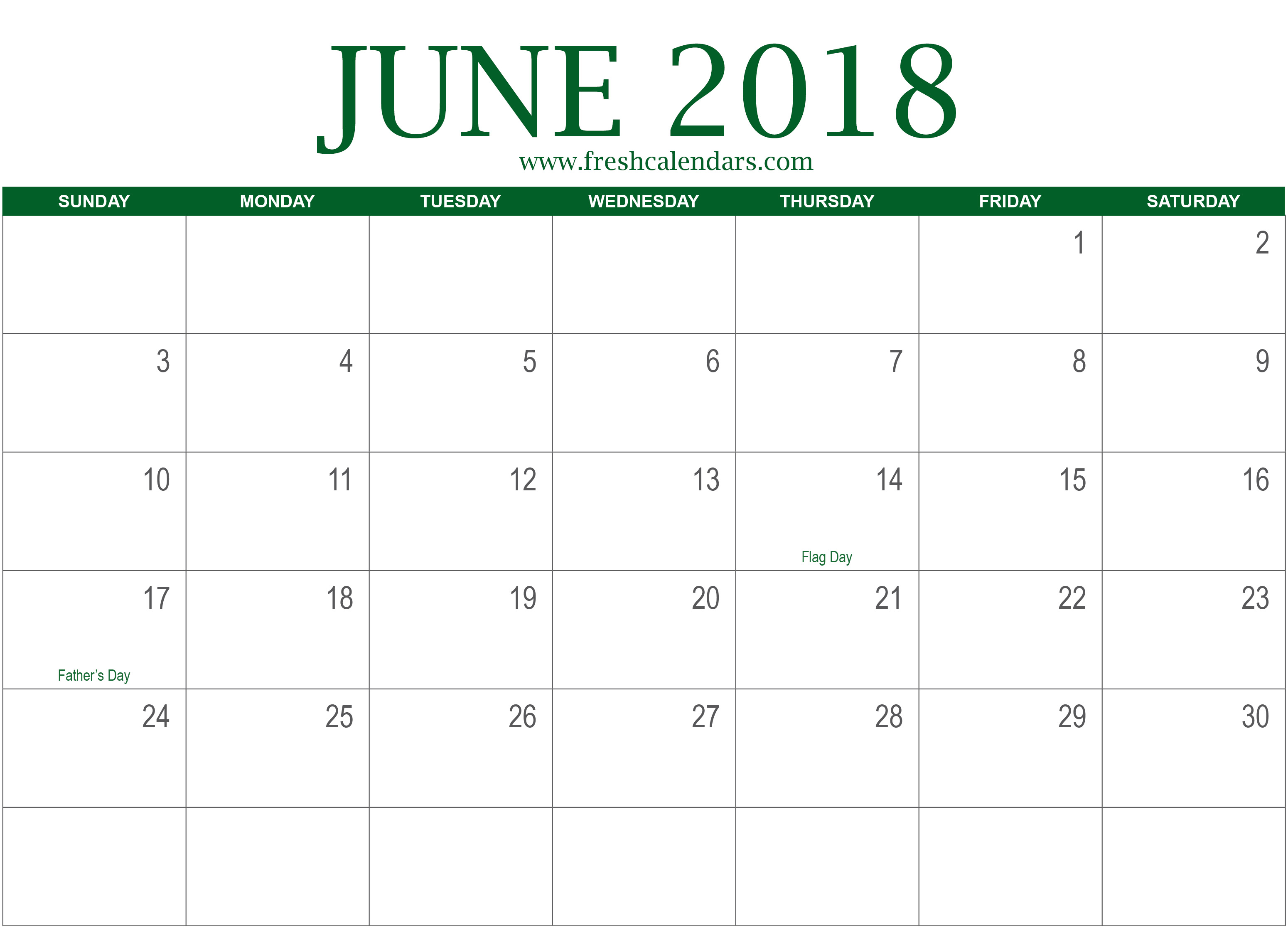 June 2018 Calendar Printable With Holidays