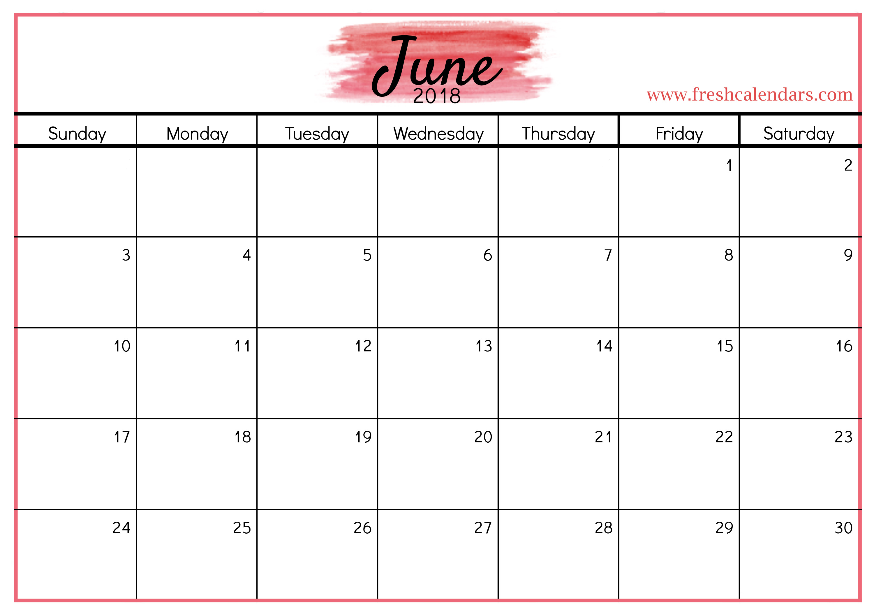 Blank June 2018 Calendar Printable Templates