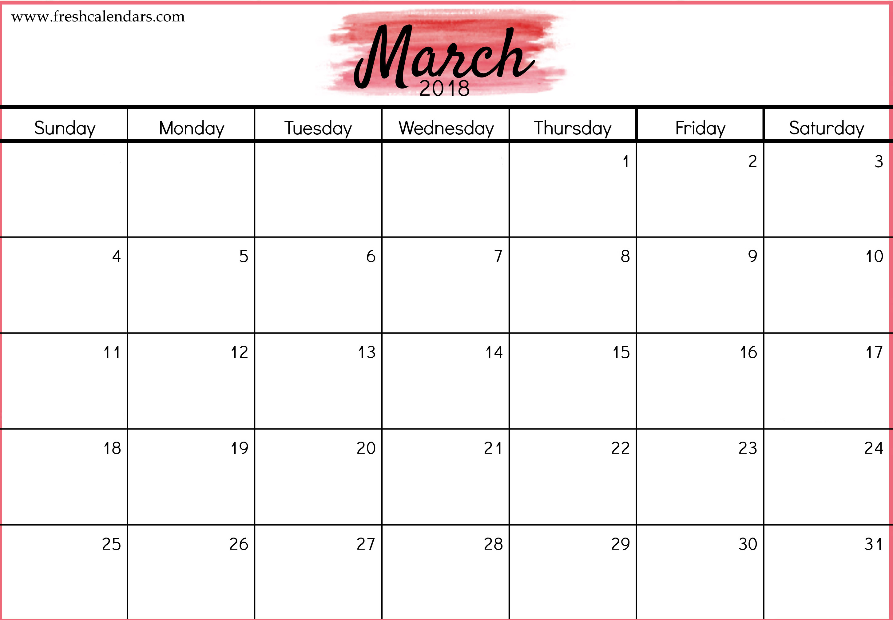 Background Red March 2018 Calendar