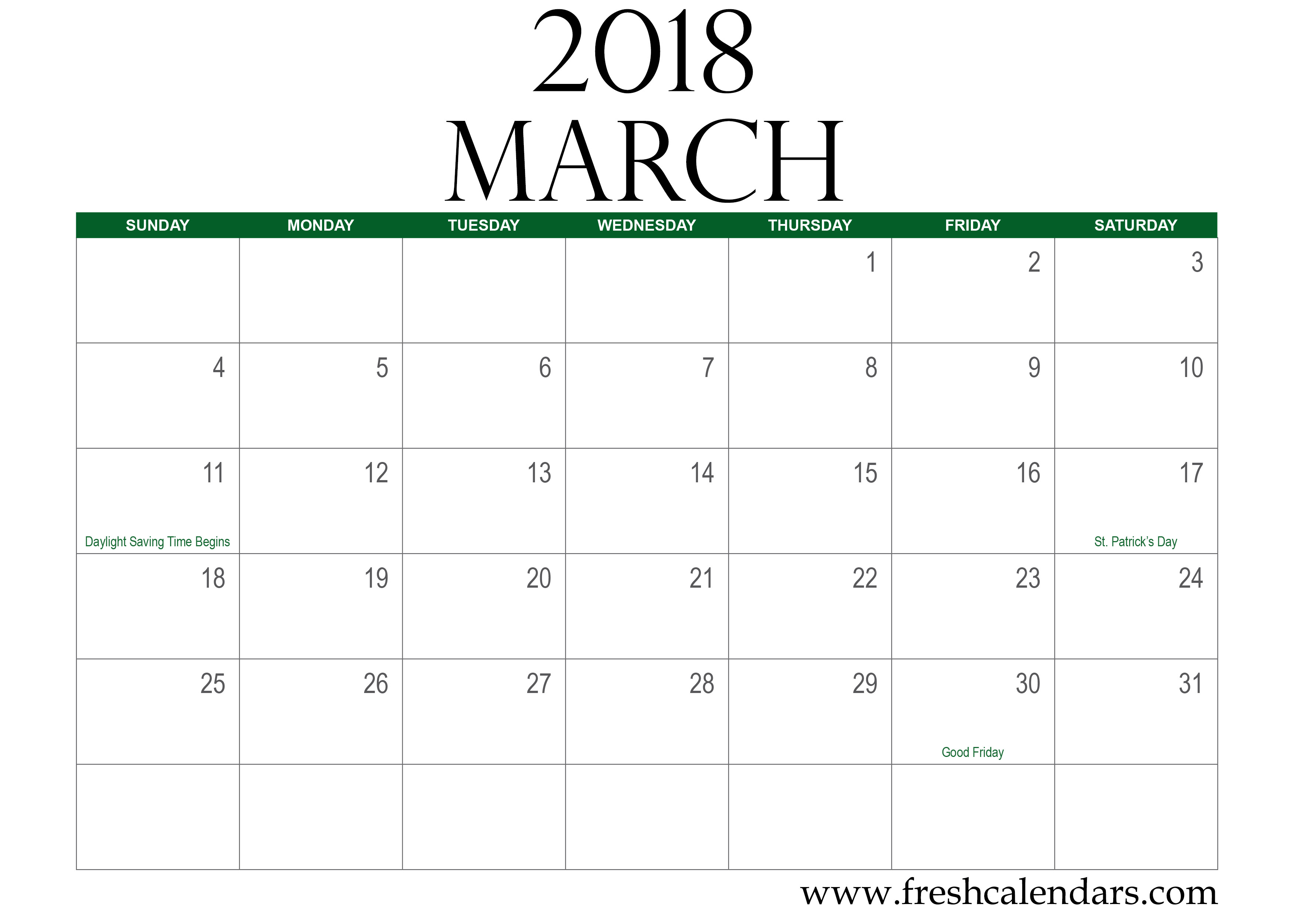 Weekly Calendar March 2018