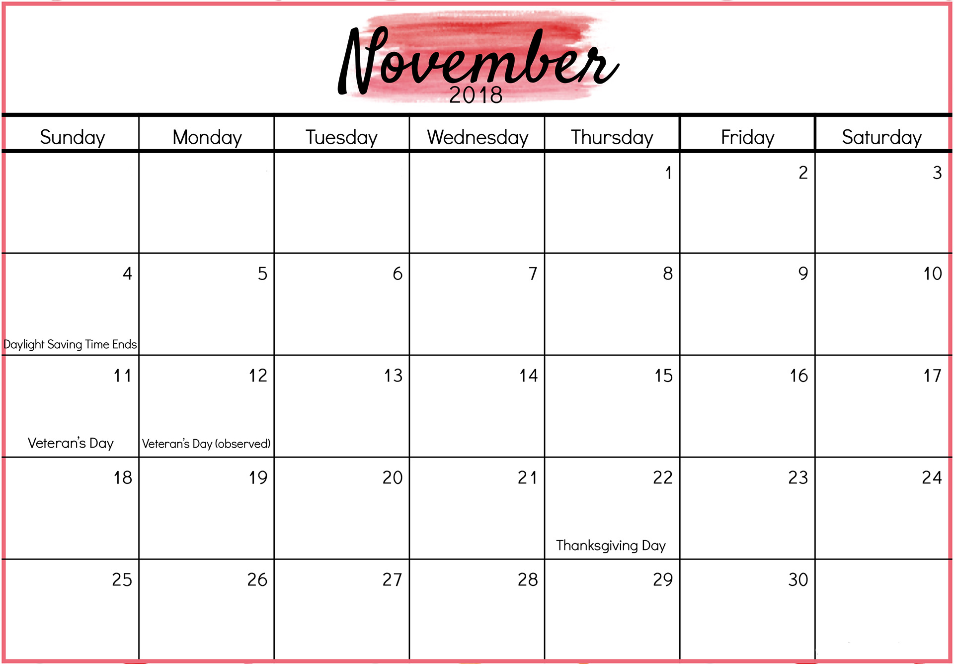 November Calendar For 2018