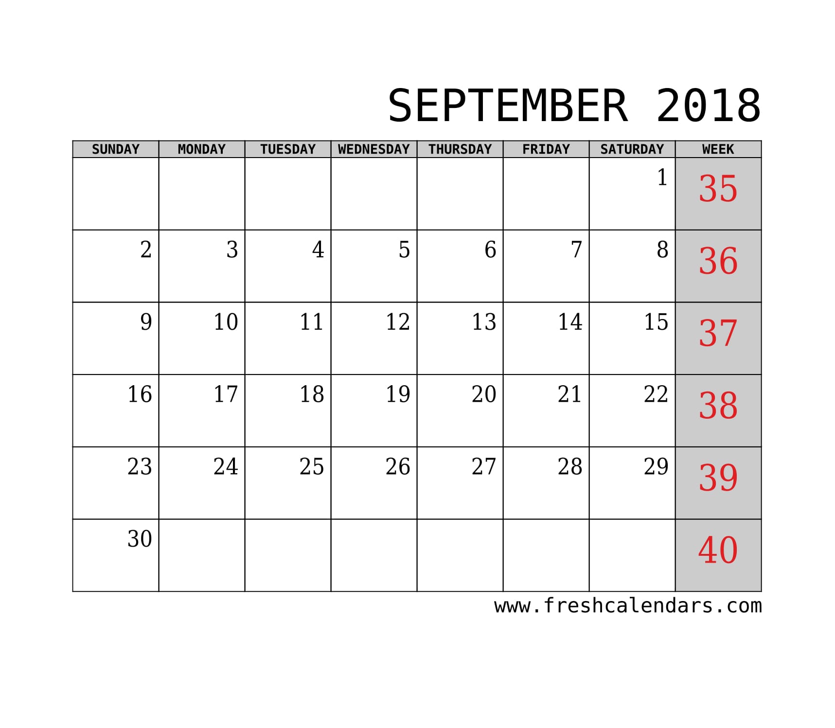 Morzespokoju Blank September 2018 Calendar