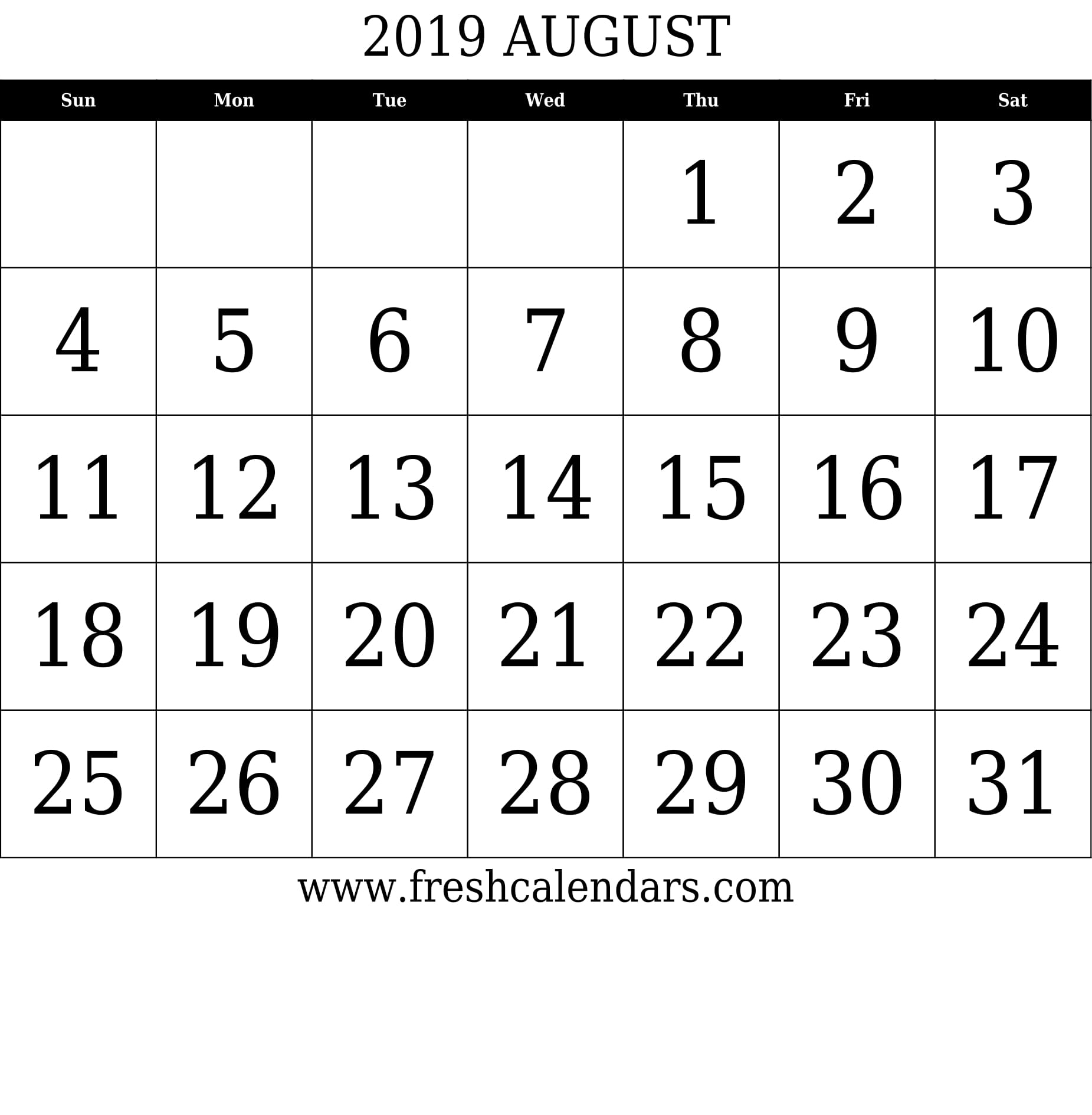Blank August 2019 Calendar Printable Templates