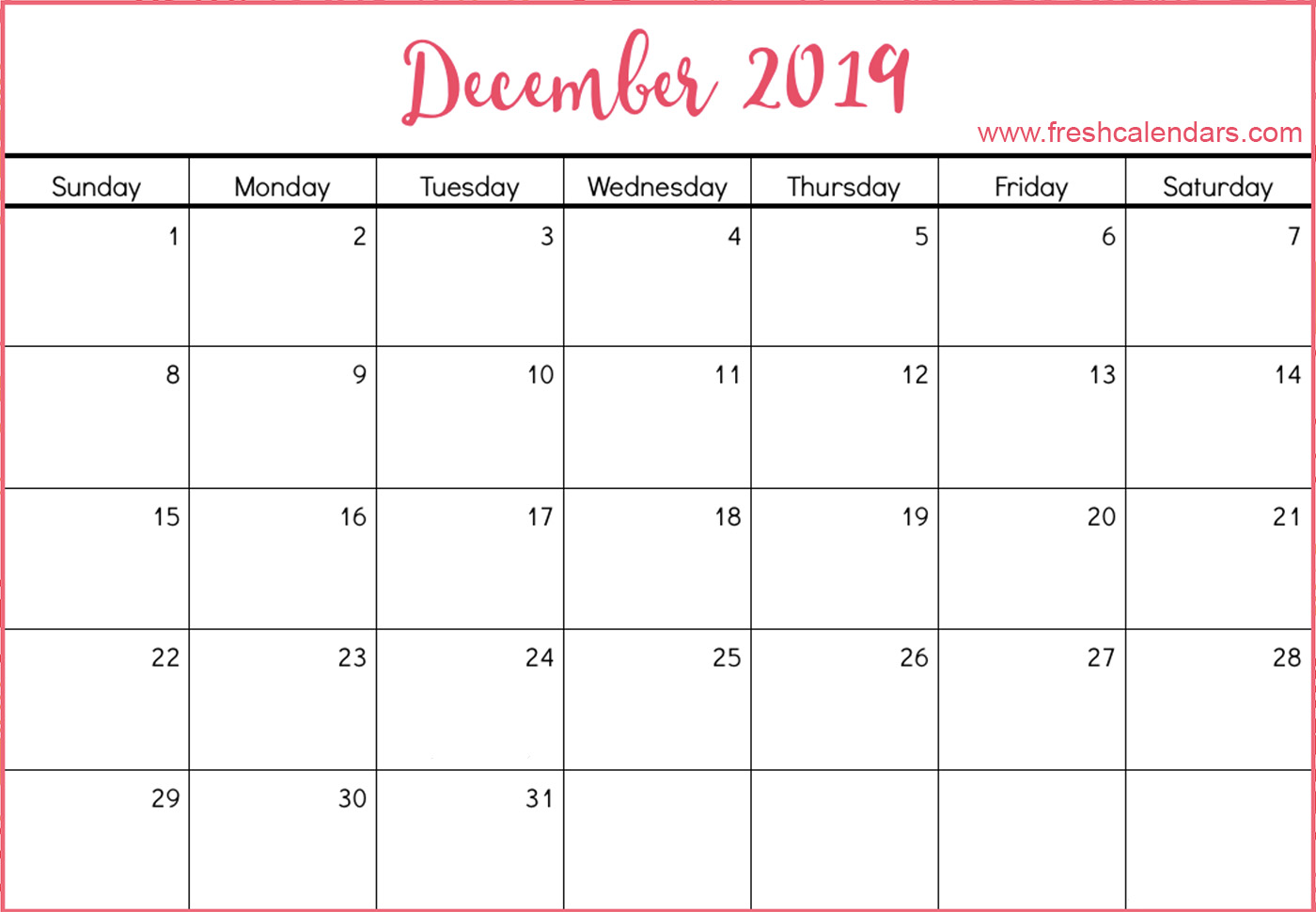 December 2019 Calendar Free Download
