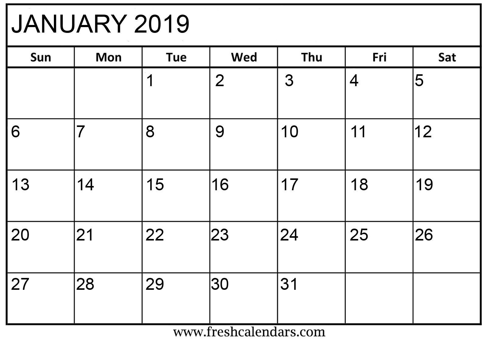 Blank January 2019 Calendar Template