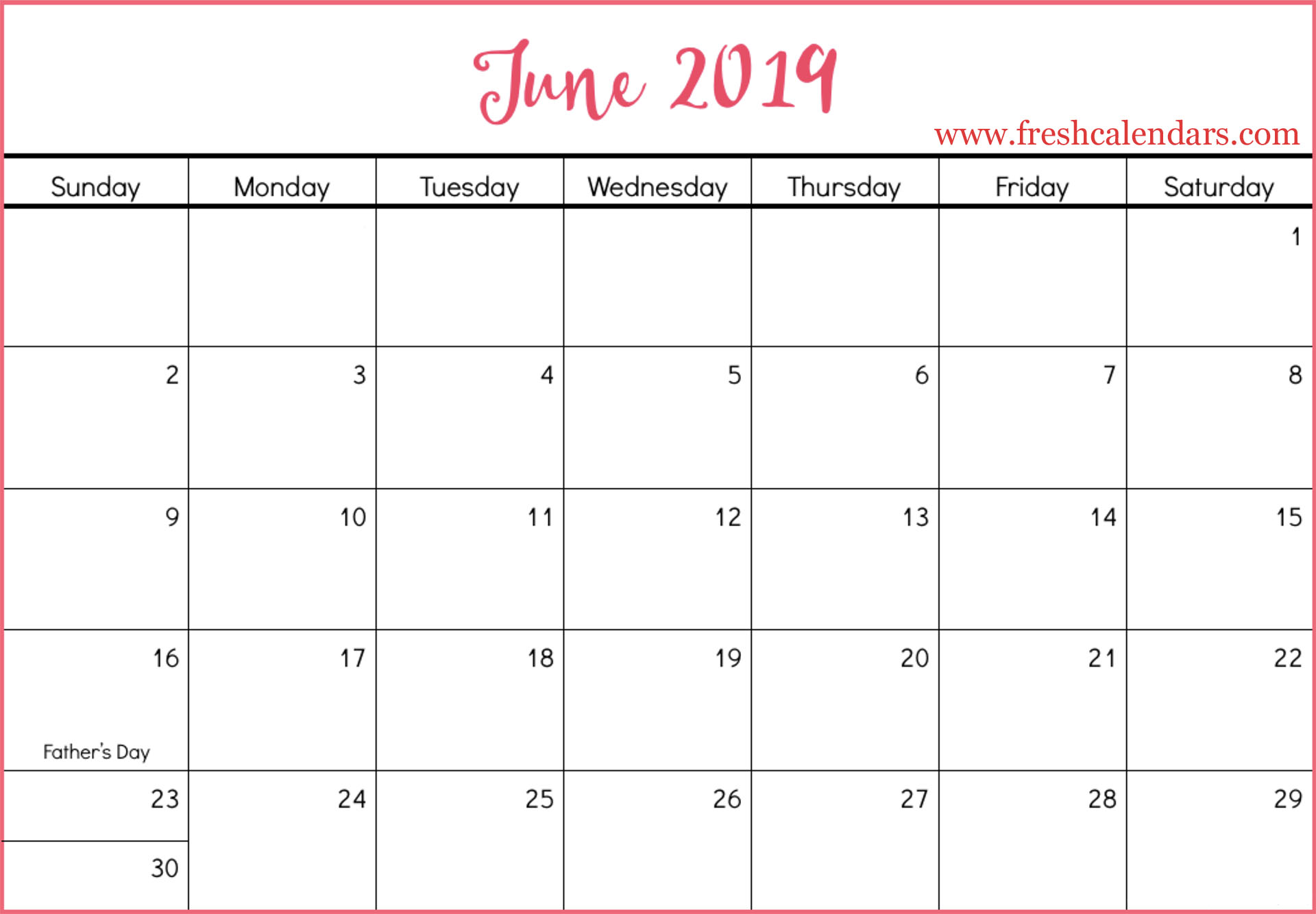 June 2019 Calendars Red Style