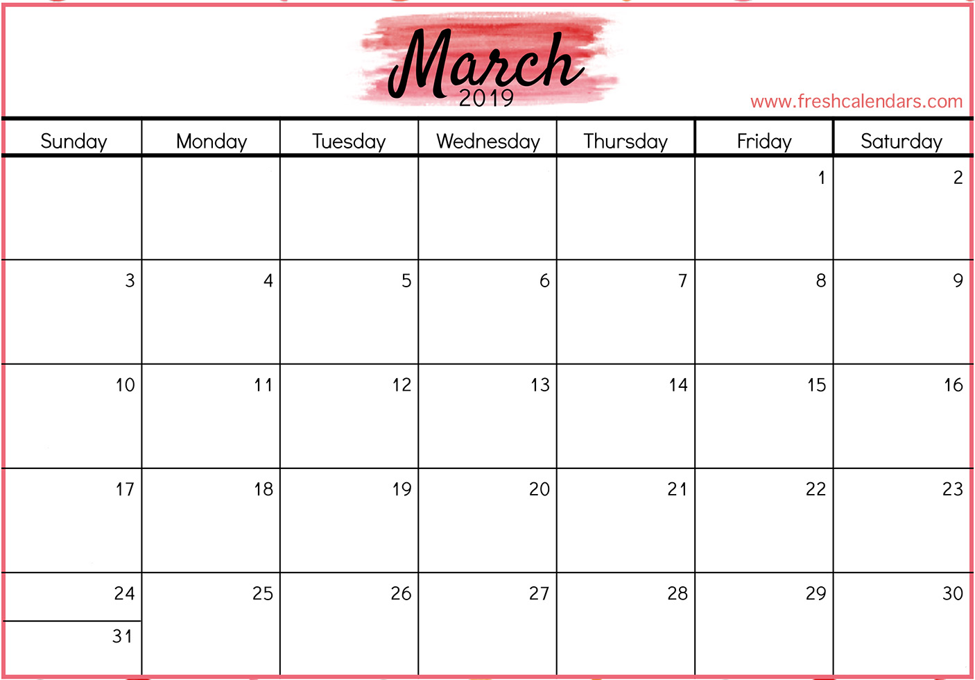 2019 March Calendar
