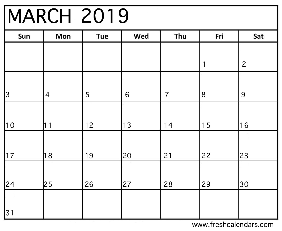 Calendar of March 2019