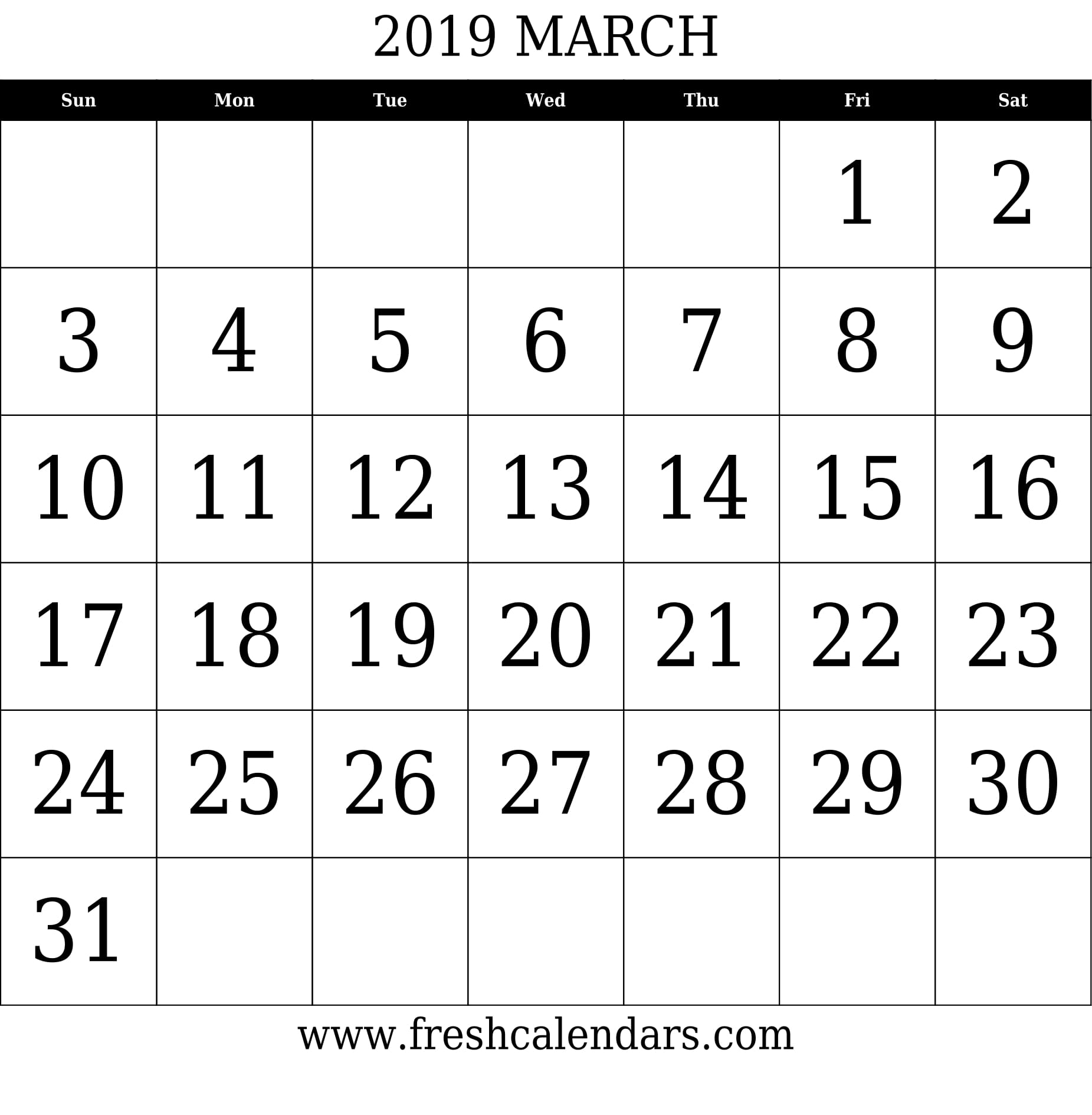 March 2019 Calendar With Large Dates