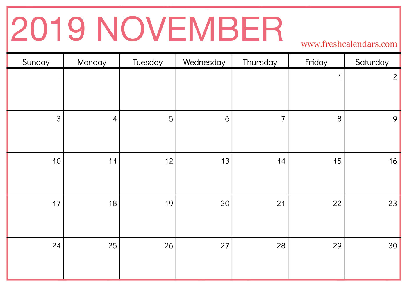 2019 November Calendar Printable