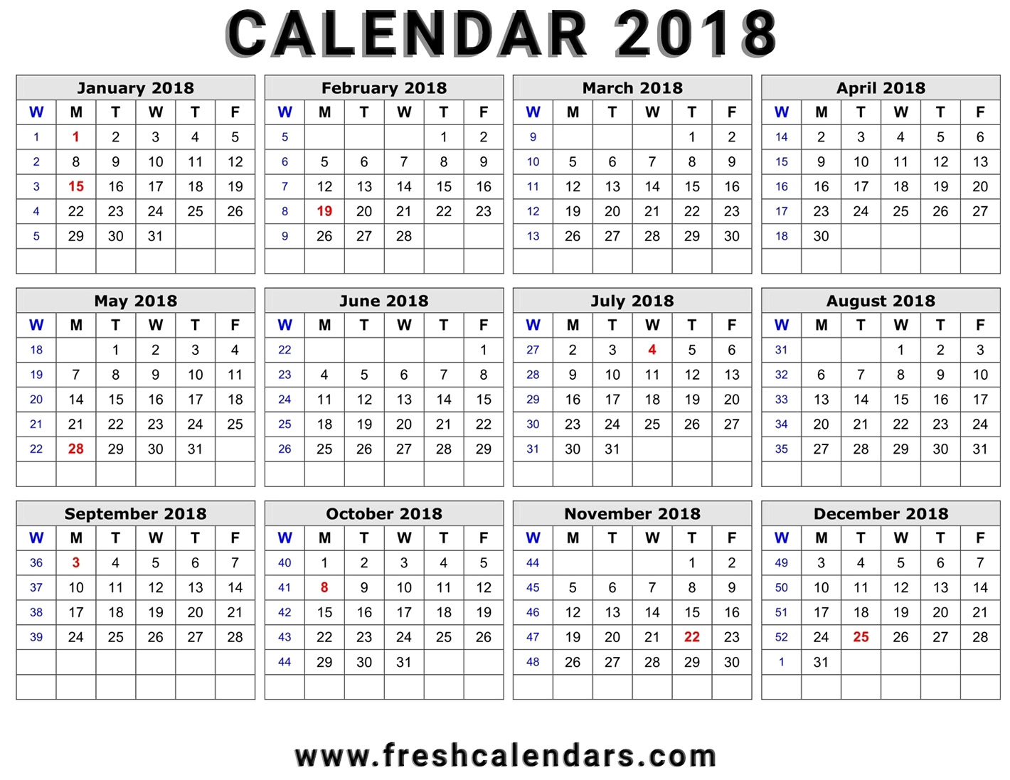 2018 calendar yearly