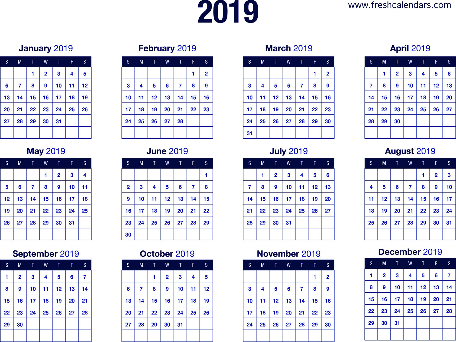 Free Printable 2019 Yearly Calendar Template