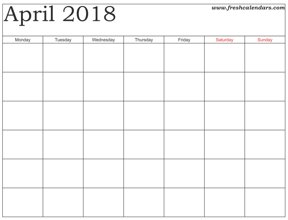 Blank Printable April 2018 Calendar