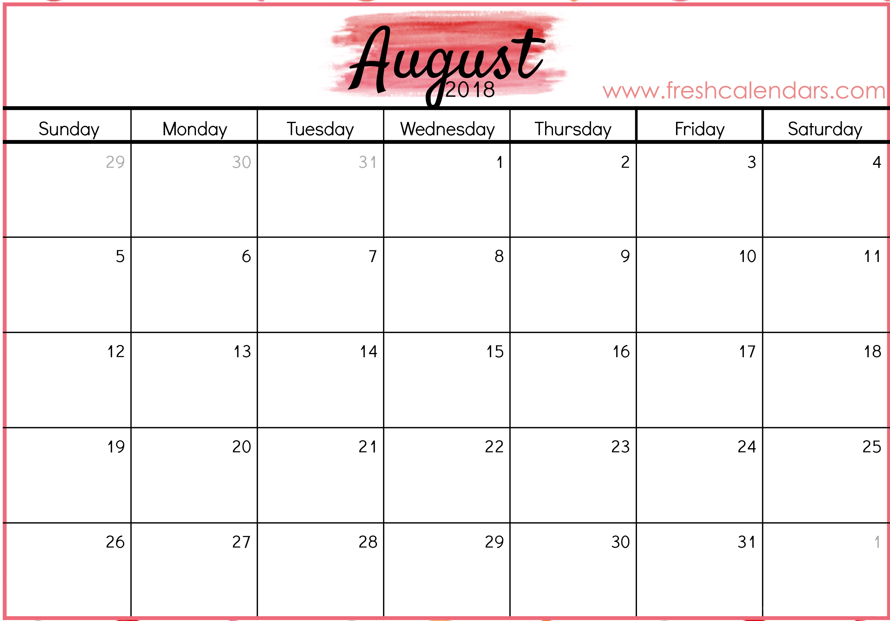 august 2018 calendar printable