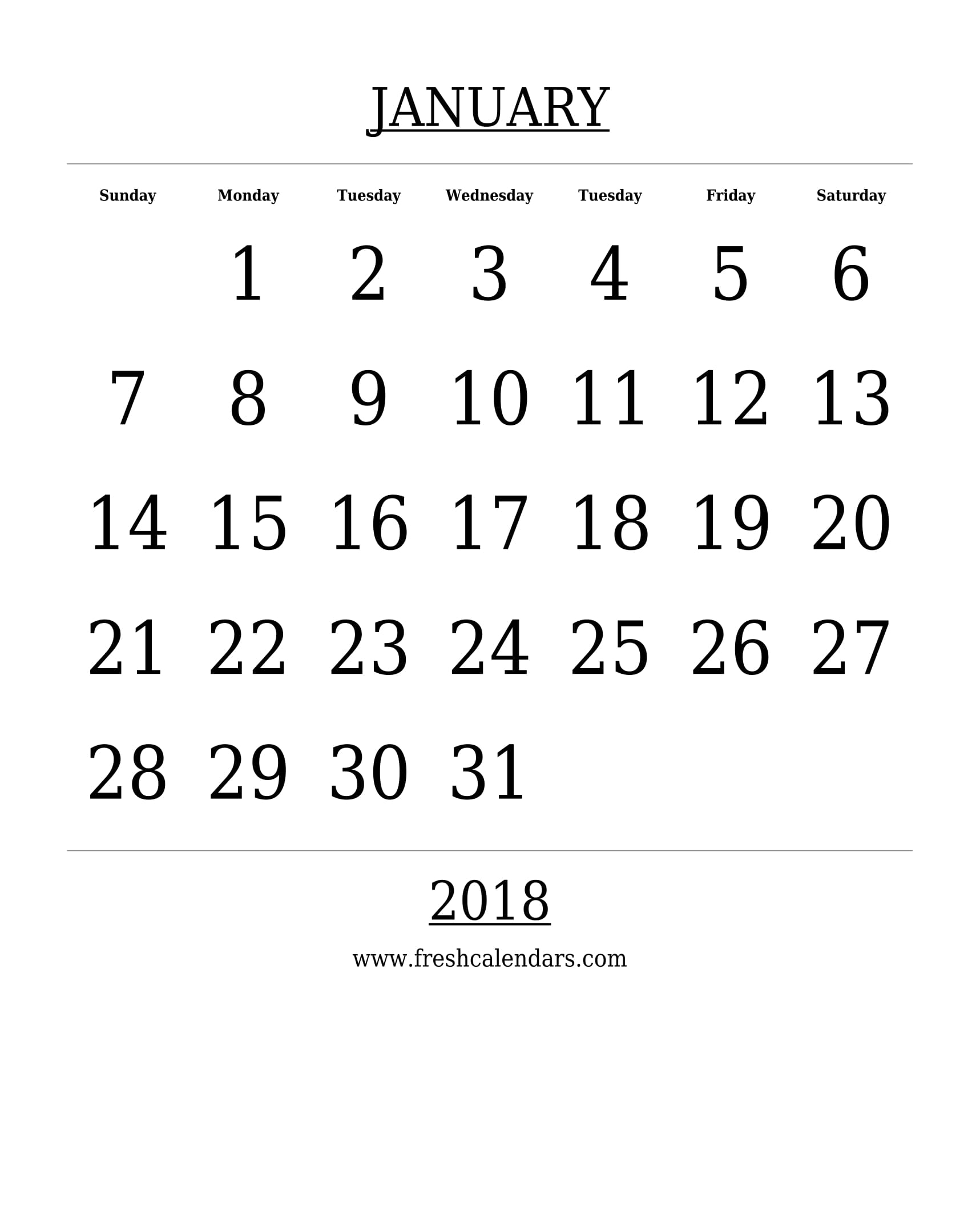 Free Printable Template January 2018 Calendar Bold Style