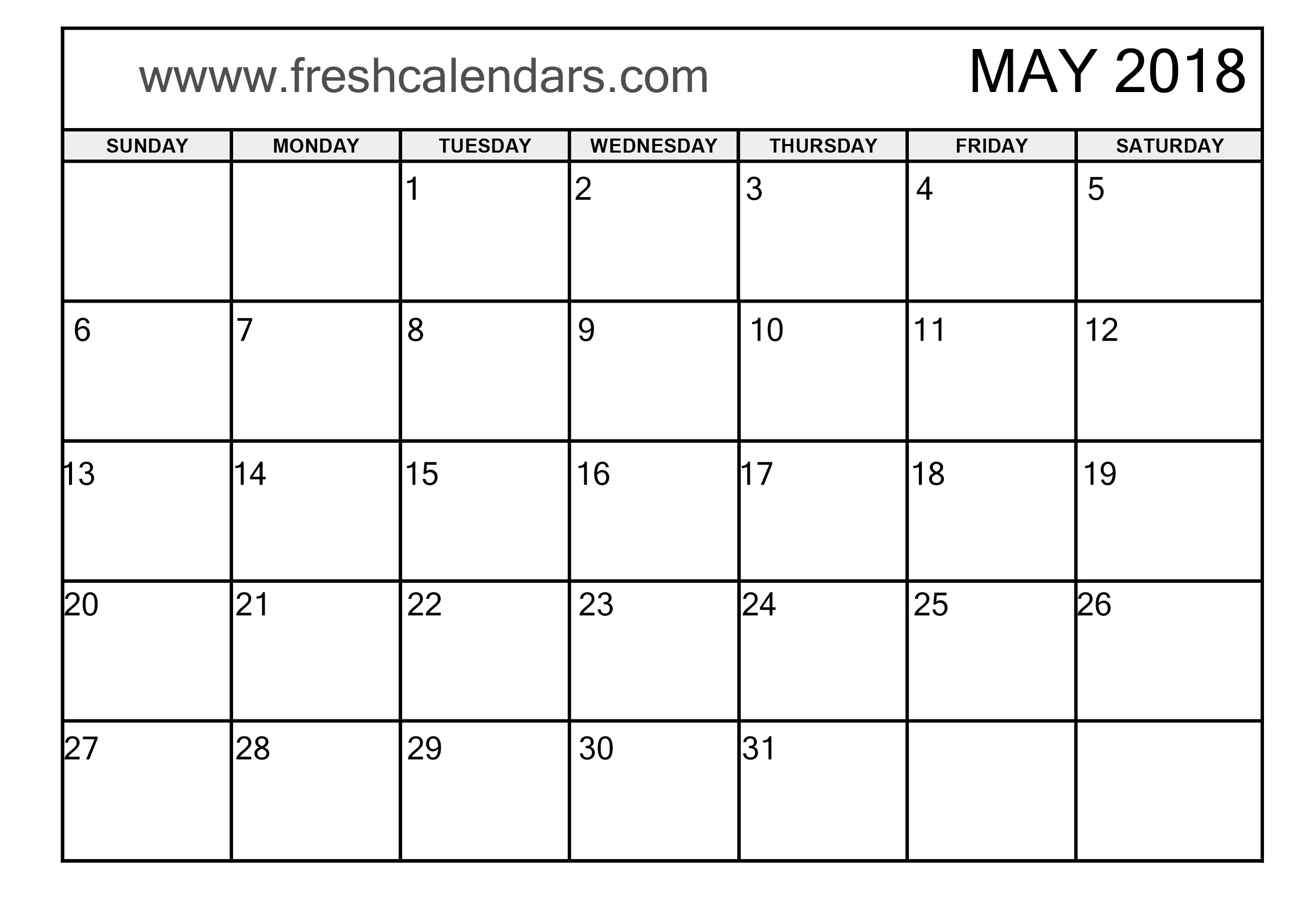 2018 May Calendar Word